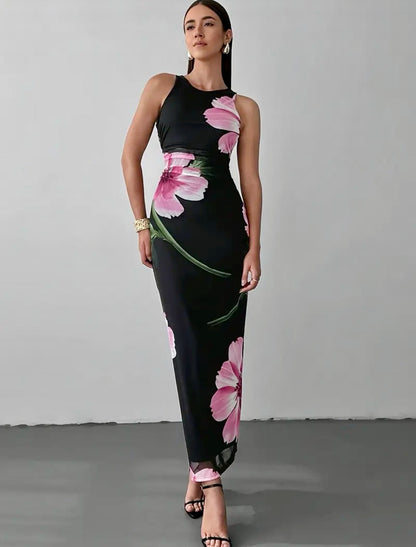 Long Bodycon Semi-Sheer Floral Dress - Black - Free Fit (S & M)