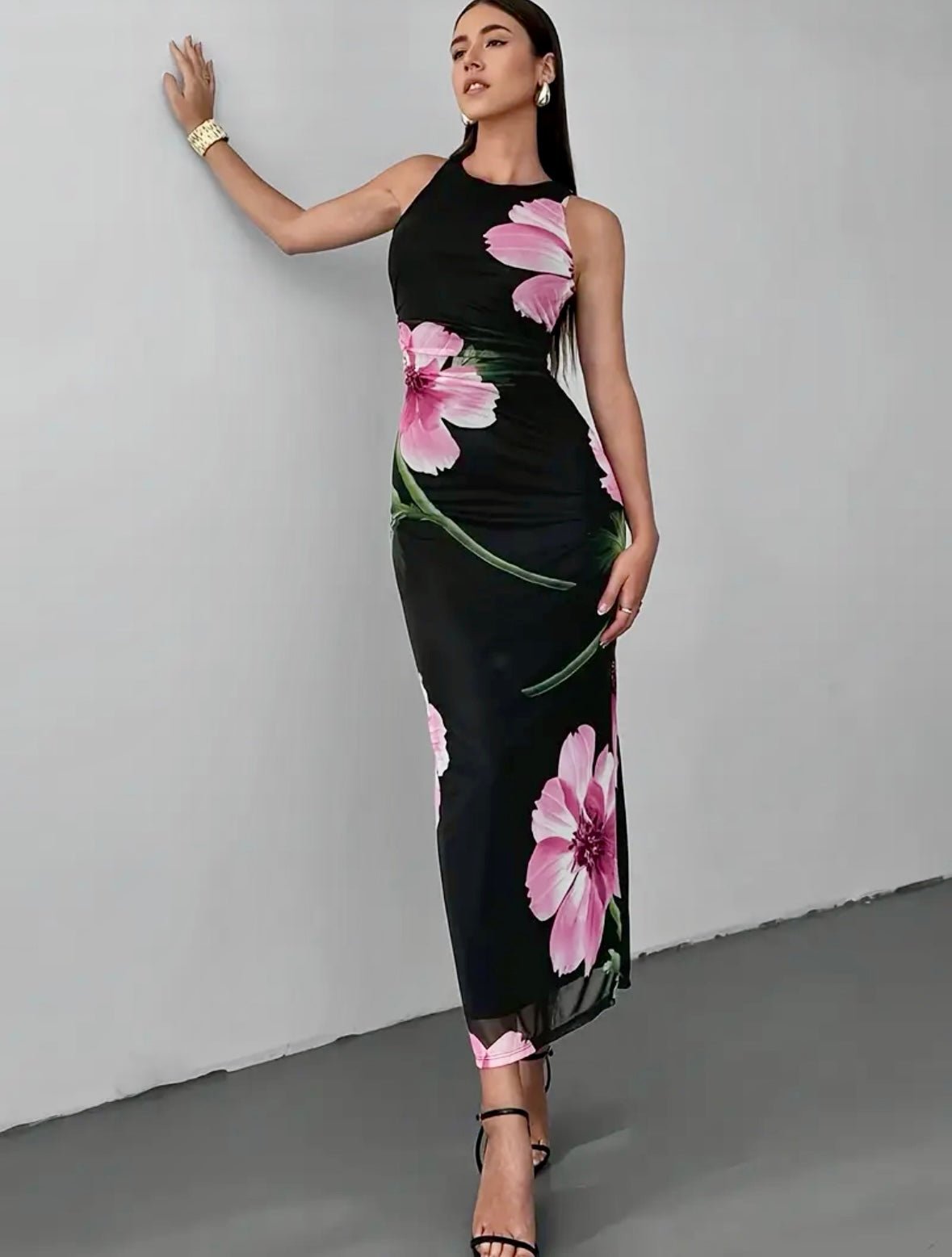 Long Bodycon Semi-Sheer Floral Dress - Black - Free Fit (S & M)