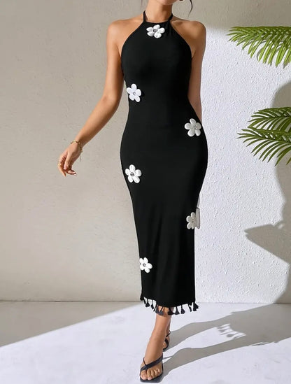 Long Dress with Flower and Fringe Details - Black - L & XL