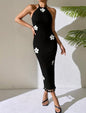 Long Dress with Flower and Fringe Details - Black - L & XL