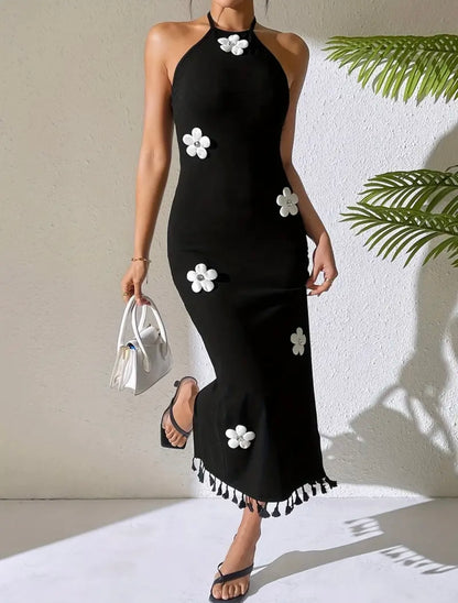 Long Dress with Flower and Fringe Details - Black - L & XL