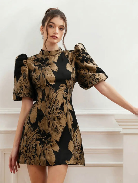 Mini Vintage Floral Dress - Copper/Black - L Only