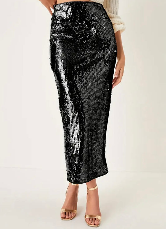 Midi Sequin Pencil Skirt - Black - M to XL