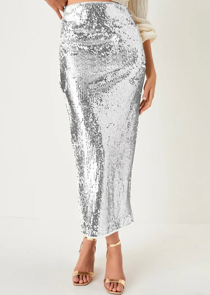 Midi Sequin Pencil Skirt - Silver - M to XL