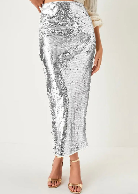 Midi Sequin Pencil Skirt - Silver - M to XL