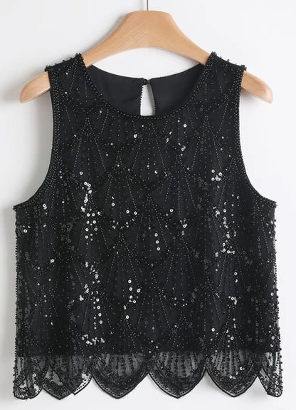 Beaded & Sequin Sleeveless Top - Black