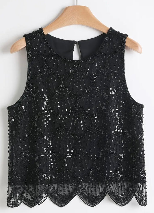 Beaded & Sequin Sleeveless Top - Black