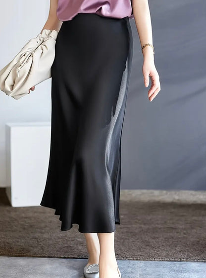 Midi A-Line Sateen Skirt - Black - M to 2XL