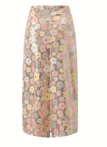 Midi A-Line Floral Sequin Skirt - Dust Pink - size M & L