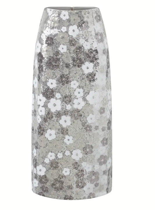 Midi A-Line Floral Sequin Skirt - Silver- size M & L
