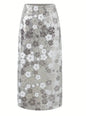 Midi A-Line Floral Sequin Skirt - Silver- size M & L