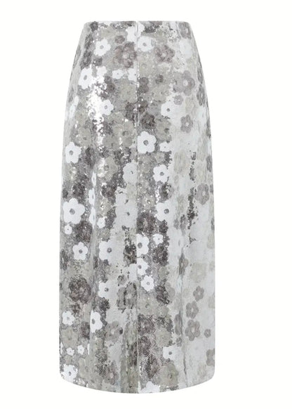 Midi A-Line Floral Sequin Skirt - Silver- size M & L