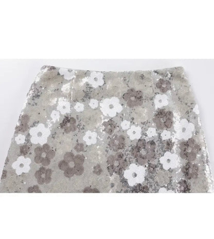 Midi A-Line Floral Sequin Skirt - Silver- size M & L