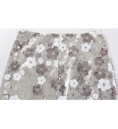 Midi A-Line Floral Sequin Skirt - Silver- size M & L