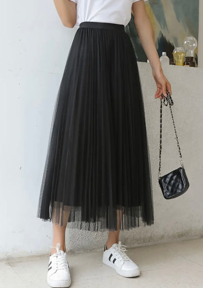 Midi Flared Pleated Skirt - Black - free size