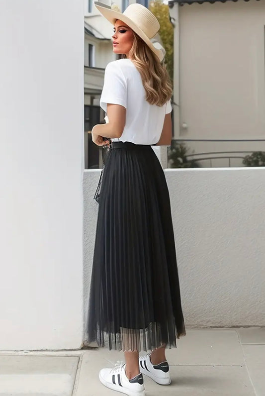 Midi Flared Pleated Skirt - Black - free size