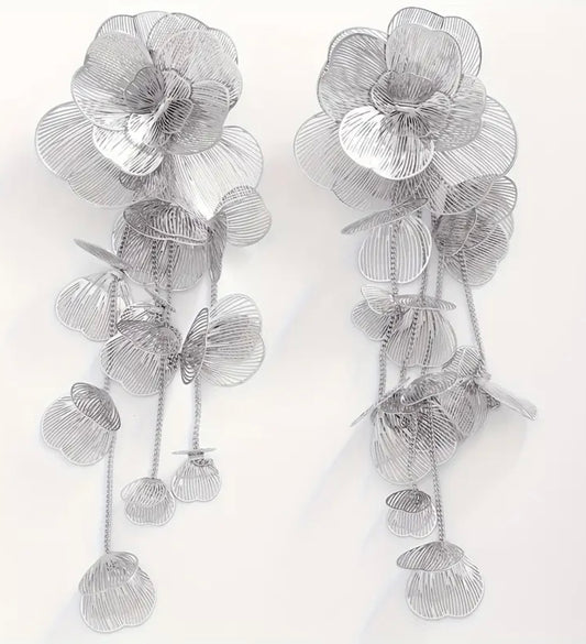 Extra Long Floral Drop Earrings - Silver