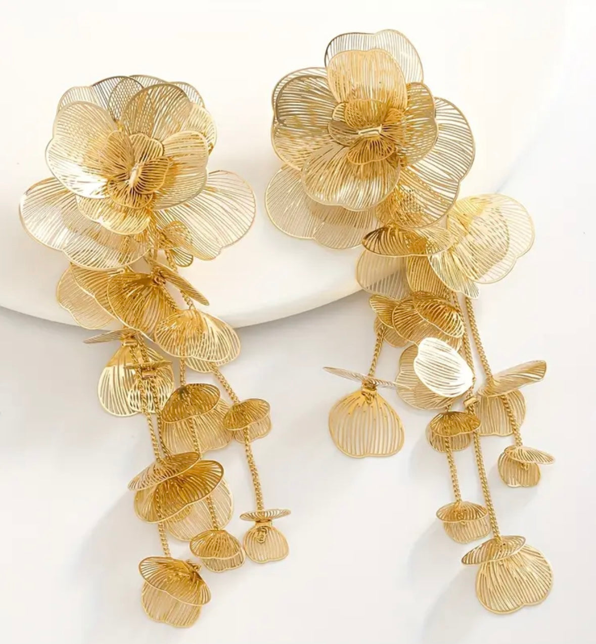 Extra Long Floral Drop Earrings - Gold