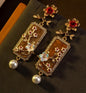 Vintage Carved Floral Earrings - Deep Red