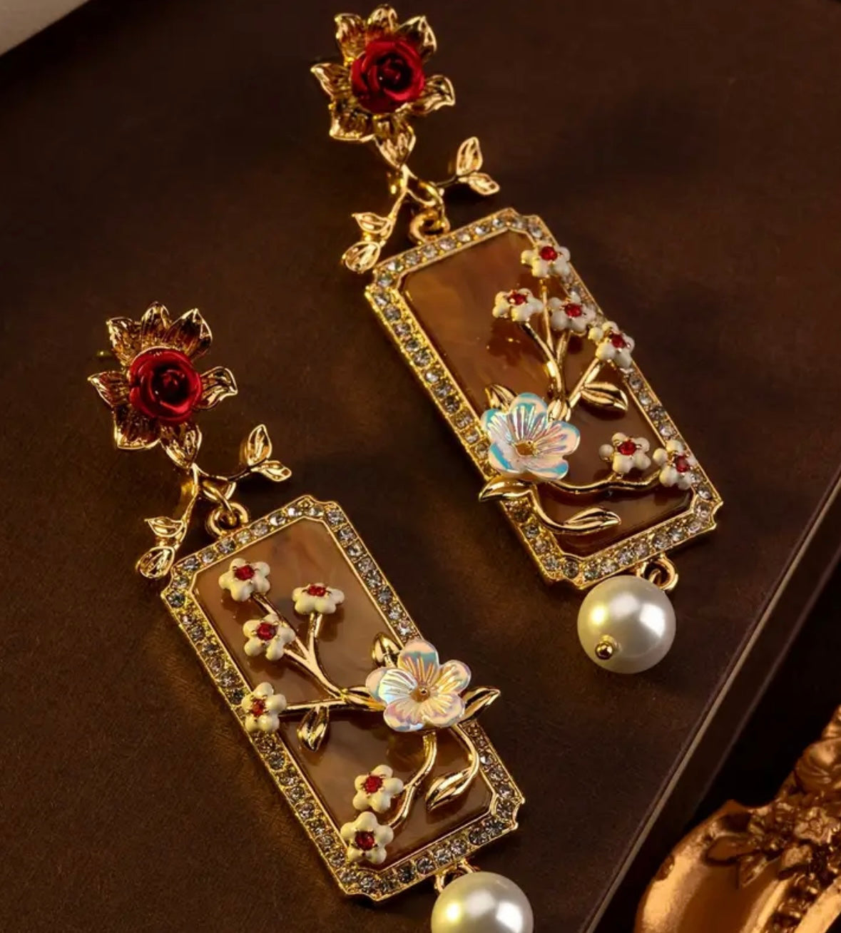 Vintage Carved Floral Earrings - Deep Red