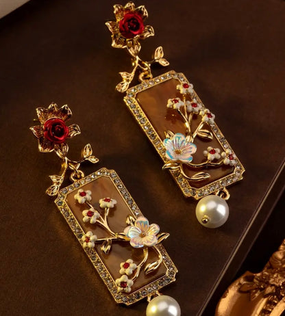 Vintage Carved Floral Earrings - Deep Red