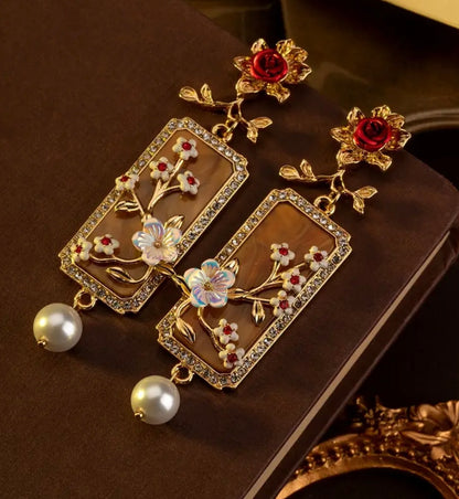 Vintage Carved Floral Earrings - Deep Red