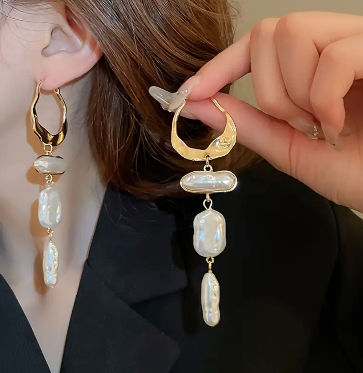 Extra Long Irregular Pearl Tassel Earrings - Gold