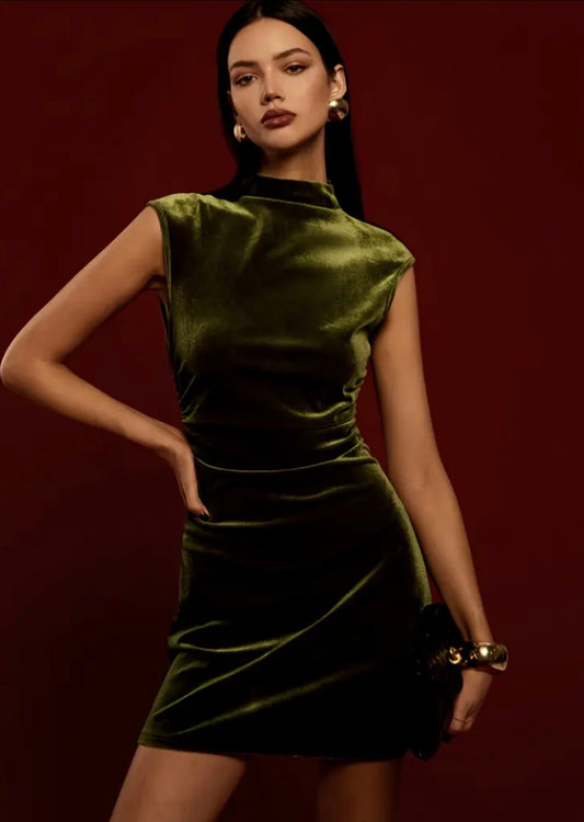 Mini Velvet Halter Neck Dress - Olive - M to XL
