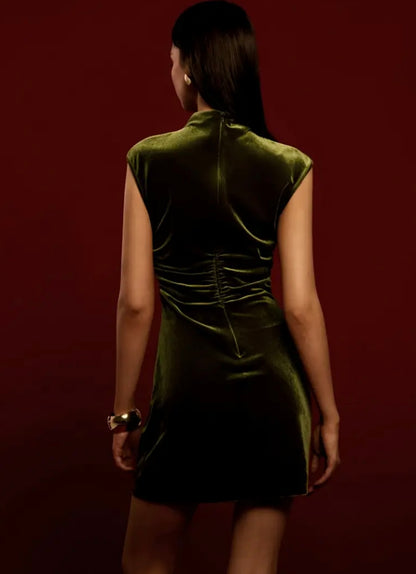 Mini Velvet Halter Neck Dress - Olive - M to XL
