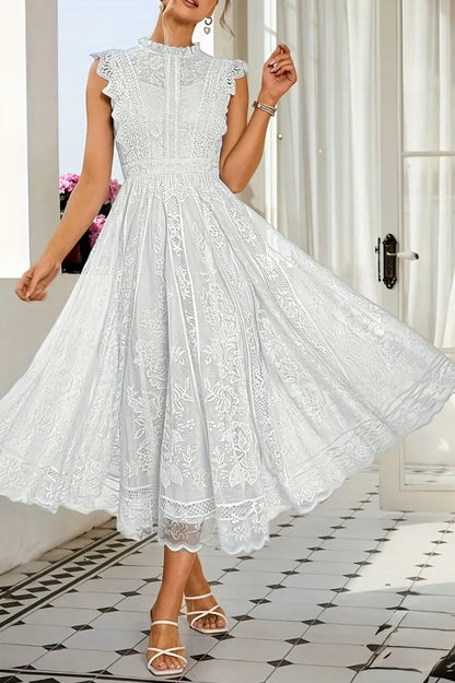 Midi Flared Lace Dress Dress - White - L & XL