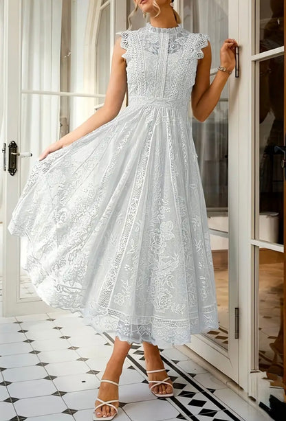 Midi Flared Lace Dress Dress - White - L & XL