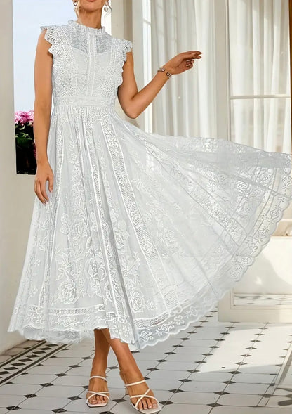 Midi Flared Lace Dress Dress - White - L & XL