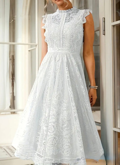 Midi Flared Lace Dress Dress - White - L & XL