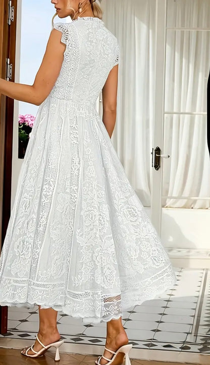 Midi Flared Lace Dress Dress - White - L & XL