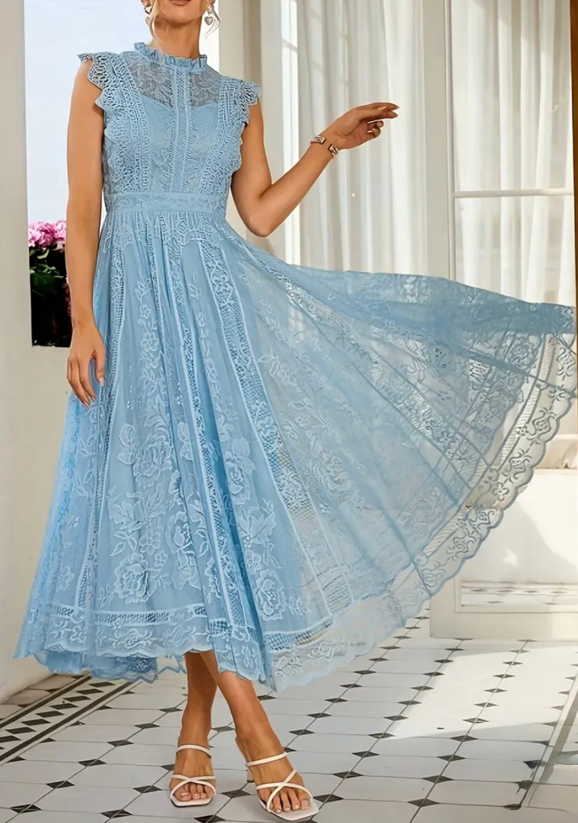 Midi Flared Lace Dress Dress - Blue - L & XL