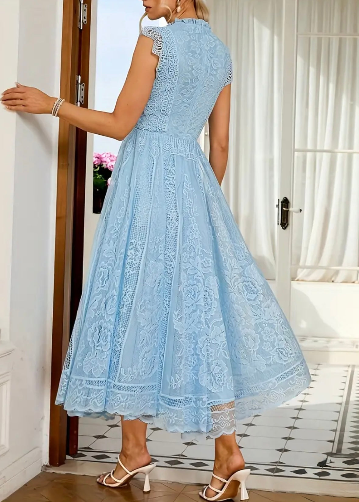 Midi Flared Lace Dress Dress - Blue - L & XL