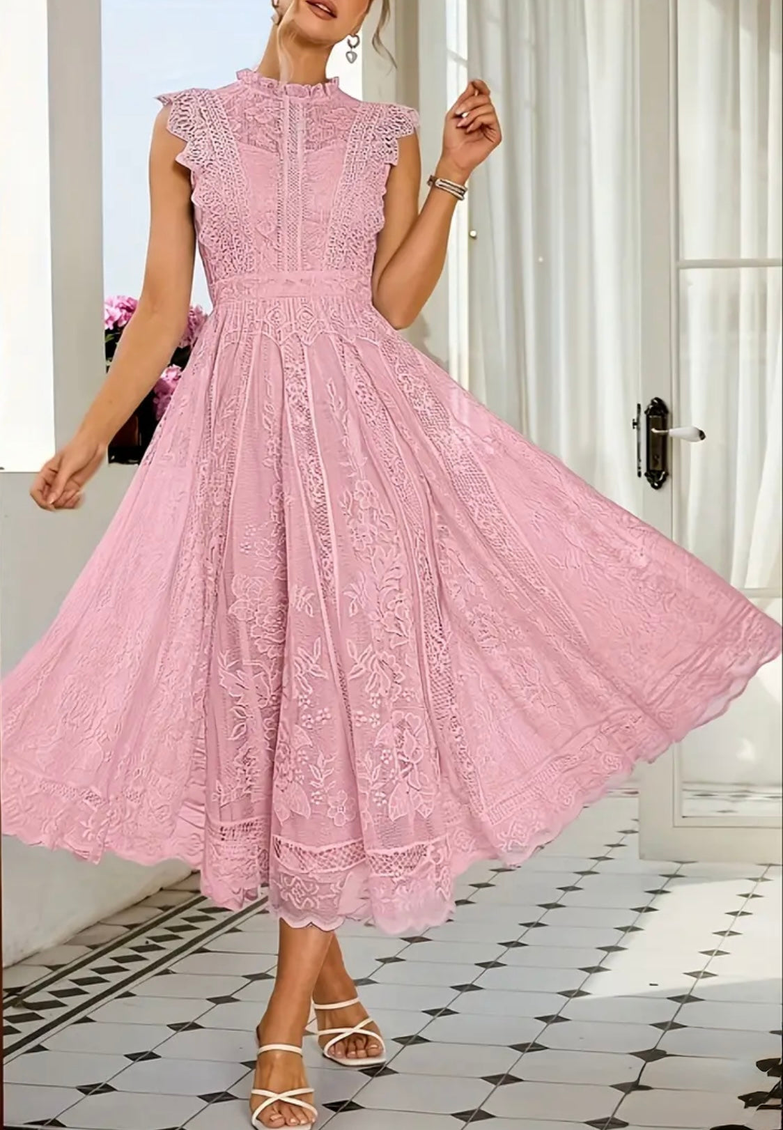 Midi Flared Lace Dress Dress - Pink - S & M