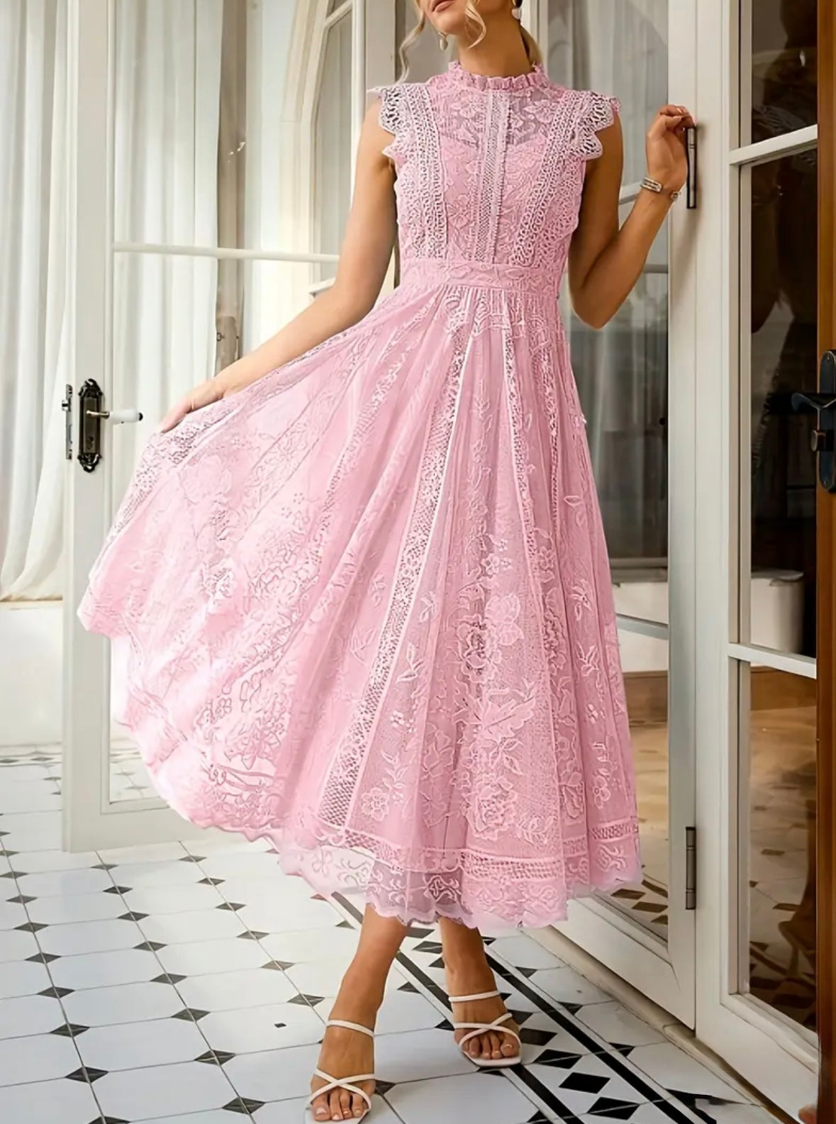 Midi Flared Lace Dress Dress - Pink - S & M