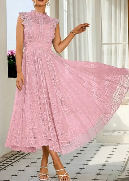 Midi Flared Lace Dress Dress - Pink - S & M
