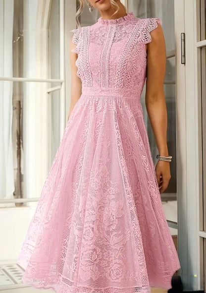 Midi Flared Lace Dress Dress - Pink - S & M