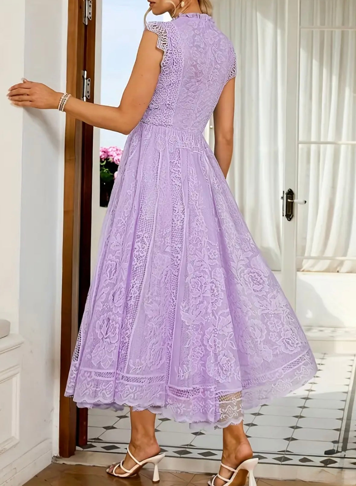 Midi Flared Lace Dress Dress - Purple - S & M