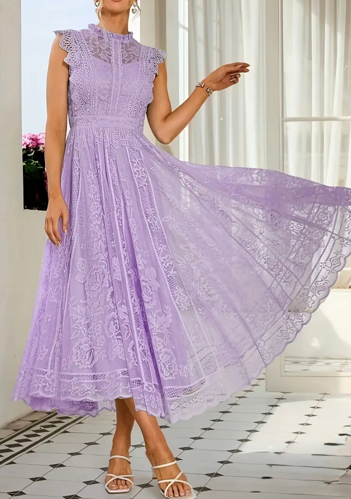 Midi Flared Lace Dress Dress - Purple - S & M
