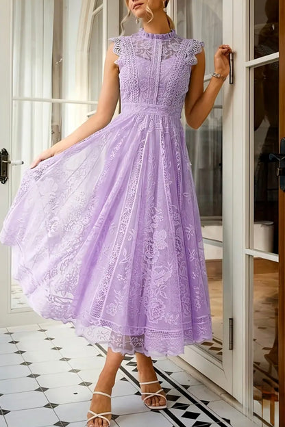 Midi Flared Lace Dress Dress - Purple - S & M