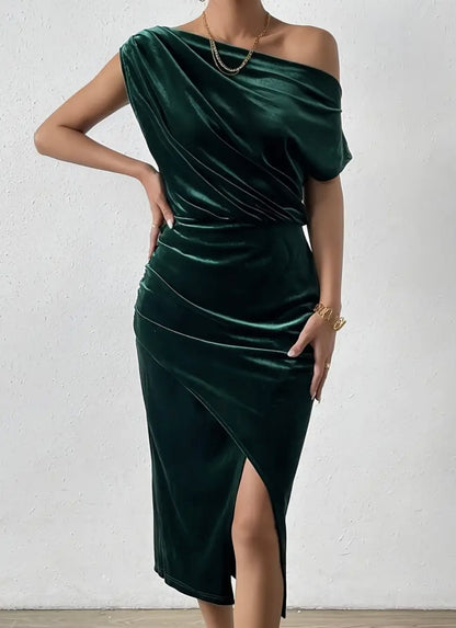 Midi Velvet One-Shoulder Dress - Emerald