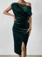 Midi Velvet One-Shoulder Dress - Emerald