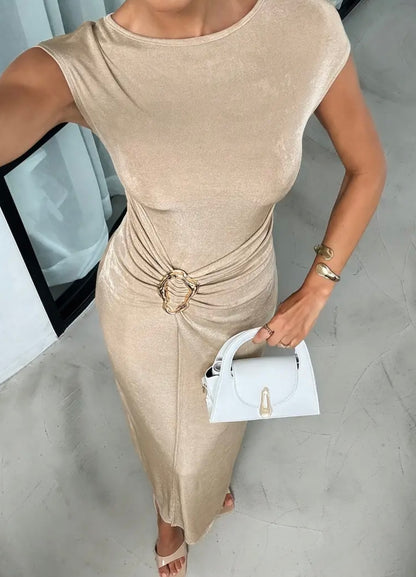 Chic Fitted Silhouette Dress with Buckle Detail - Khaki - L & XL