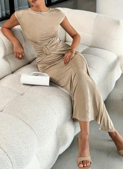 Chic Fitted Silhouette Dress with Buckle Detail - Khaki - L & XL