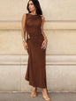 Elegant Long Dress with Buckle Details - Coffee - size M & L