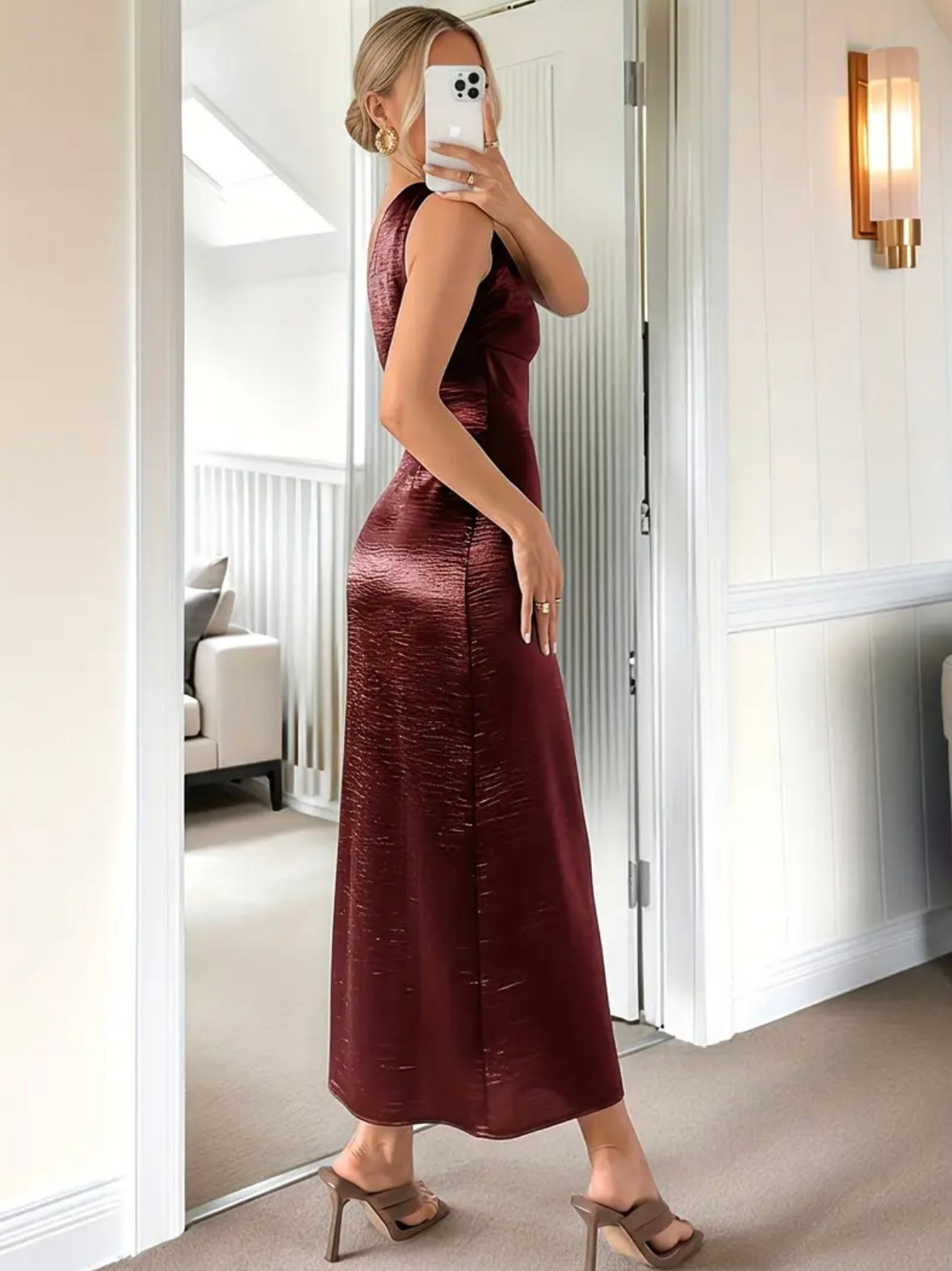 One-Shoulder Crepe Sateen Dress with Buckle detail - Crimson