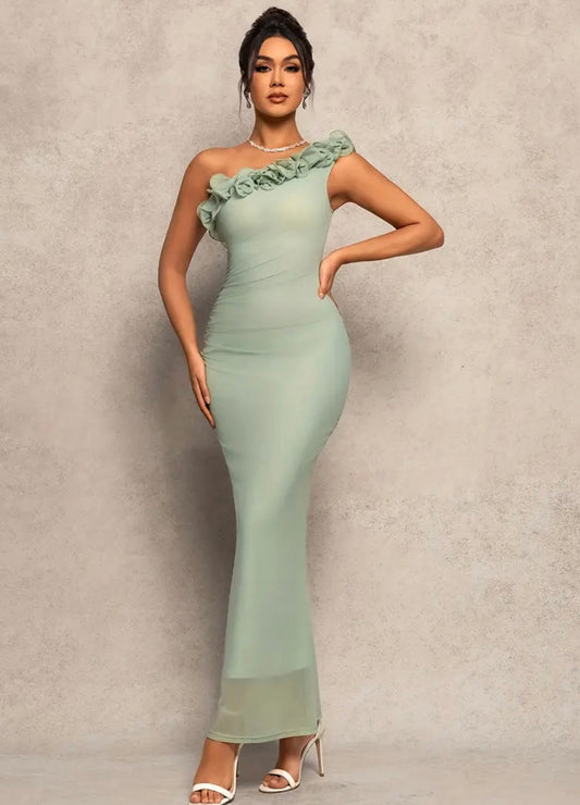 Elegant One-Shoulder Ruffles Dress - Pistachio - size M & L